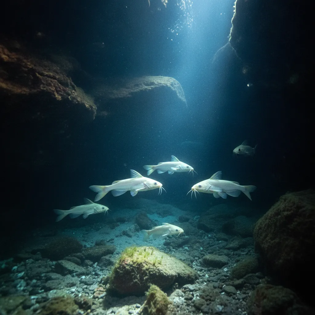 A scientist carefully observing a blind cave catfish (*Clarias cavernicola*) in the clear waters of Dragon's Breath Cave, Namibia.
