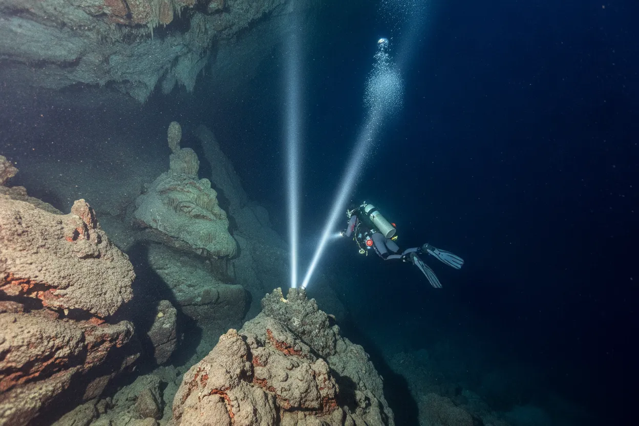 Expedition members setting up ropes and specialized equipment at the narrow entrance to Dragon's Breath Cave, leading into the darkness below.