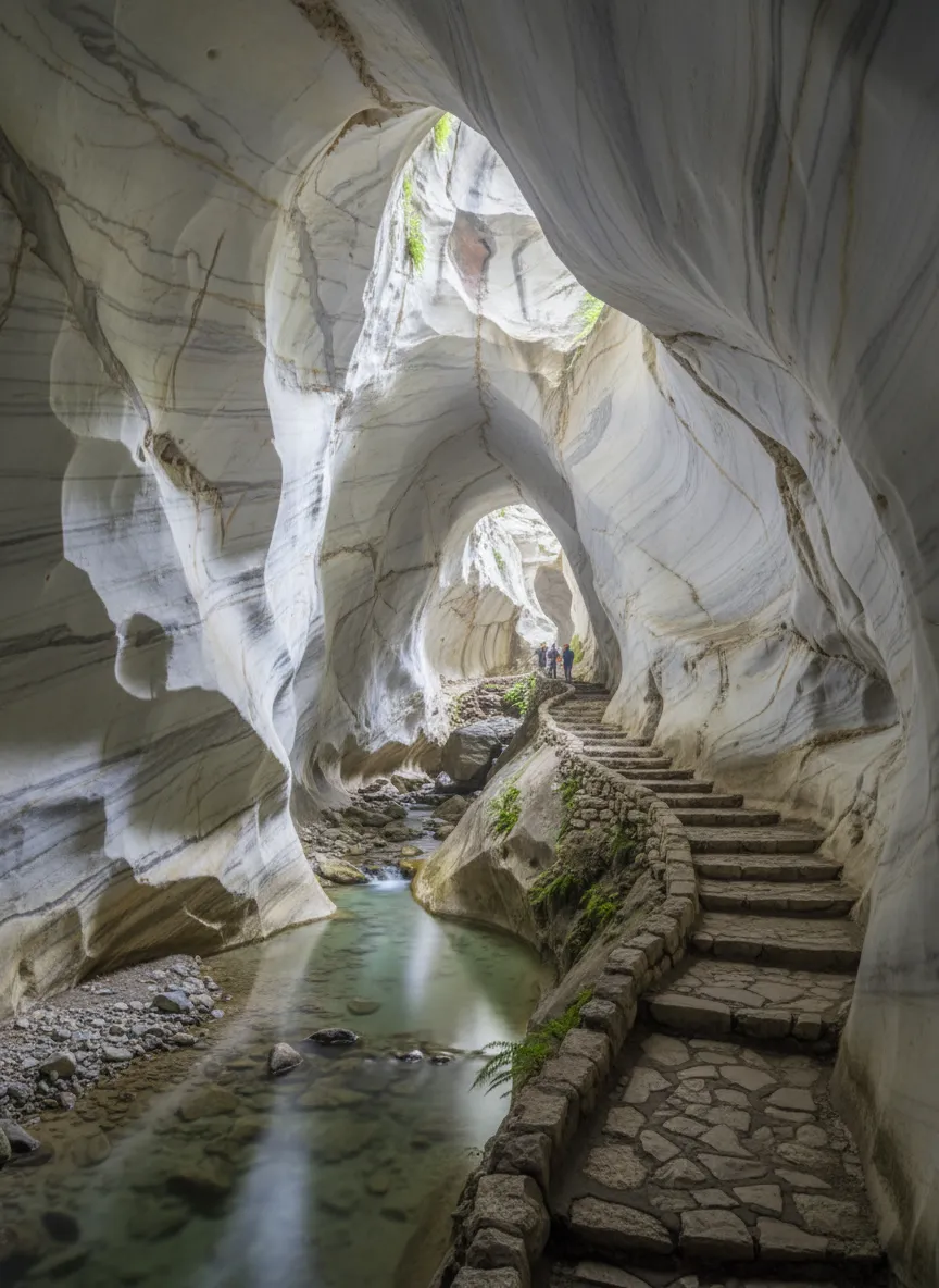 Hikers approaching the entrance of Trollkirka cave system in Norway, surrounded by lush green mountains.
