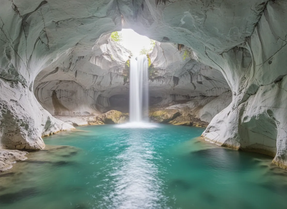 A powerful underground waterfall cascading into a clear pool within the marble cave of Trollkirka, lit by headlamps.