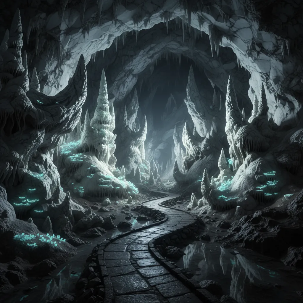 Intricate rock formations and clear, calm pools in the third, deepest grotto of Trollkirka, Norway, showing the unique marble geology.