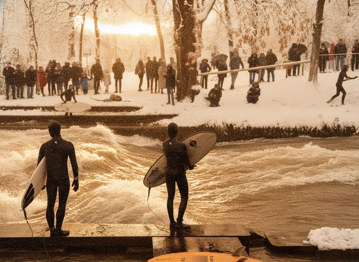 Right in the heart of a major European city, a perpetual river wave surges day and night, transforming an otherwise tranquil park stream into an unlikely urban surf paradise.