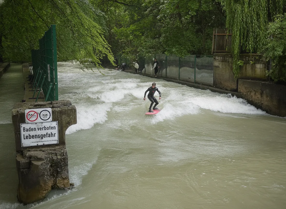 A surfer in a wetsuit riding the Eisbach Wave in Munich's Englischer Garten, with spectators on the riverbank and trees in the background.