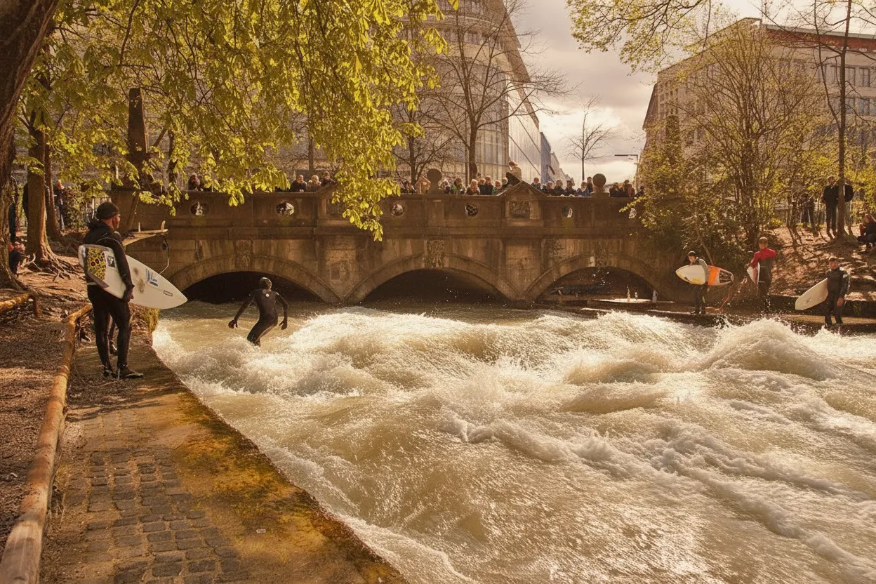 A group of surfers in wetsuits waiting on the riverbank next to the Eisbach Wave, with spectators observing and the clear water of the Eisbach flowing past.