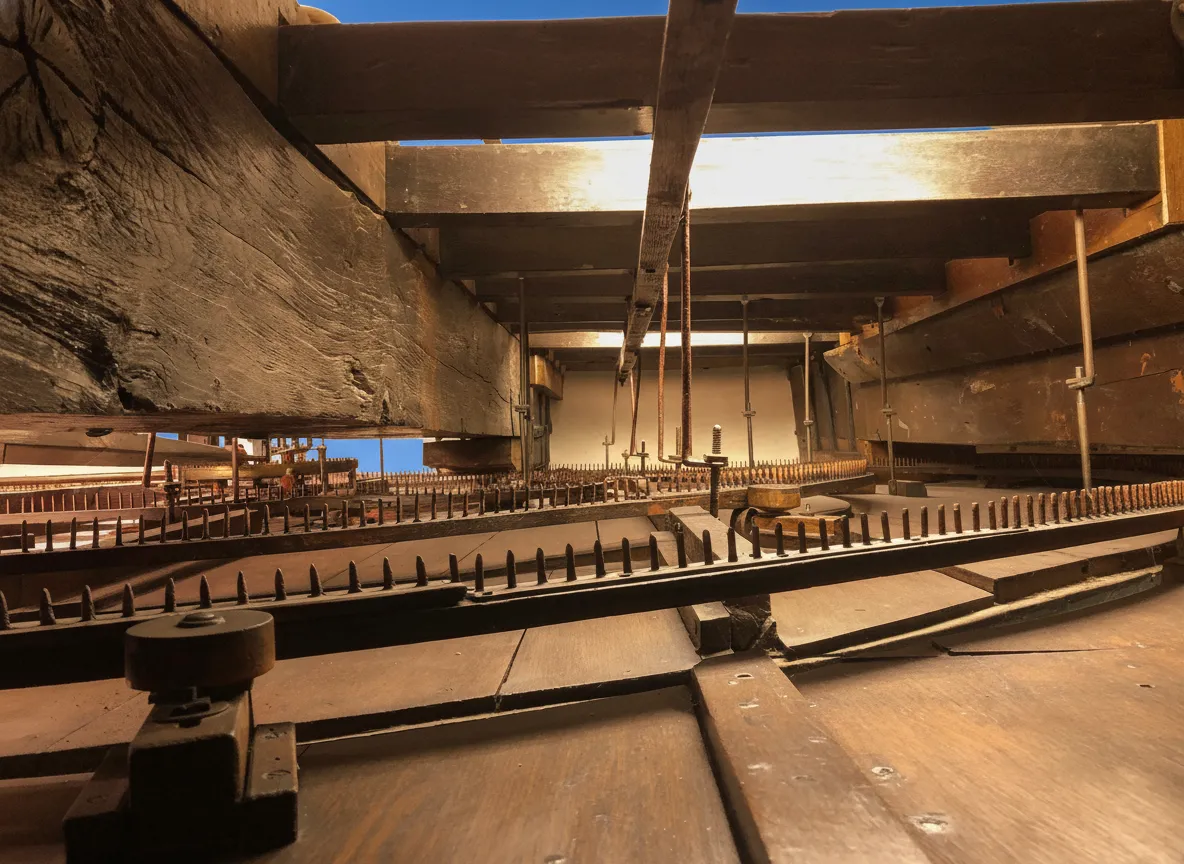 A close-up view of the intricate wooden gears and mechanisms in the attic that power the Eise Eisinga Planetarium.