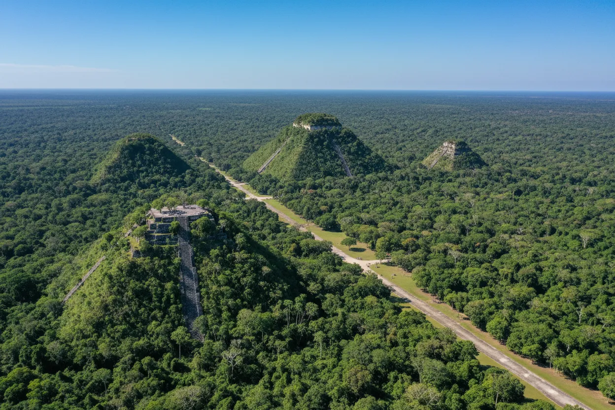 Panoramic view of the dense Petén jungle with the summit of La Danta pyramid peeking above the canopy at El Mirador, Guatemala.