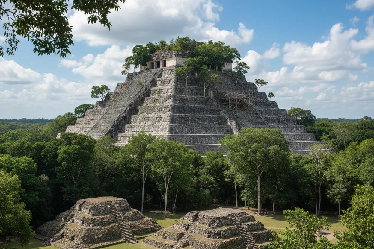 A group of trekkers with backpacks and guides walking on a narrow, muddy trail through the dense, green Petén jungle on the way to El Mirador.