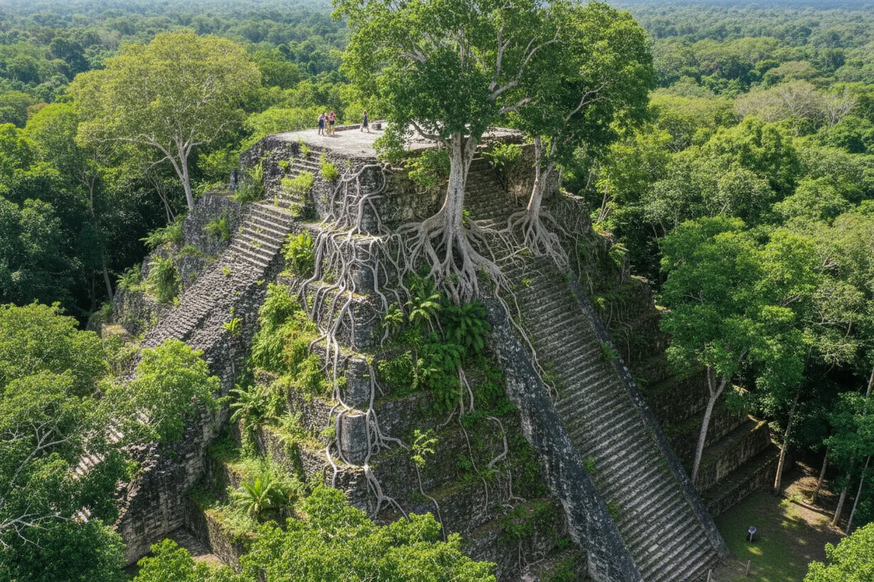 A person standing on the summit of La Danta pyramid at El Mirador, looking out over the vast, unbroken canopy of the Petén jungle under a clear sky.