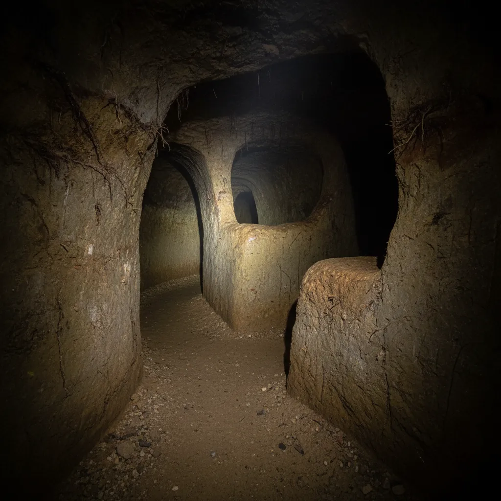 Narrow, hand-carved passage inside an Erdstall, dimly lit, showing rough rock walls.