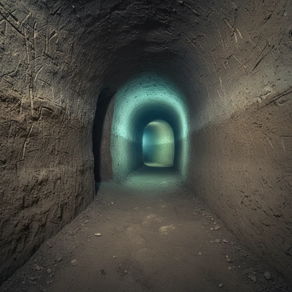 A person carefully navigating a very narrow, low-ceilinged passage within an Erdstall, highlighting the claustrophobic nature.