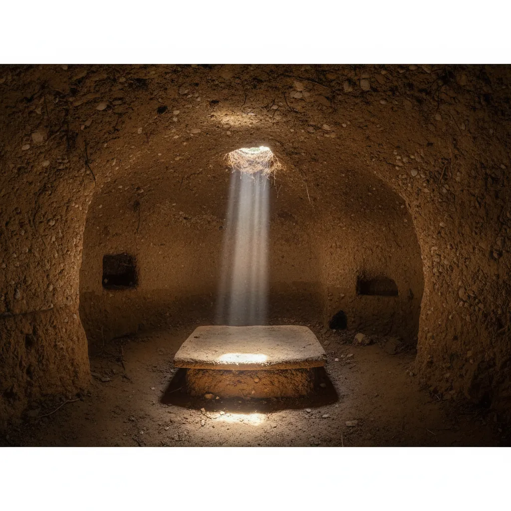 Interior view of a small, rounded chamber within an Erdstall, showing carved rock walls and a low ceiling, lit by a single light source.