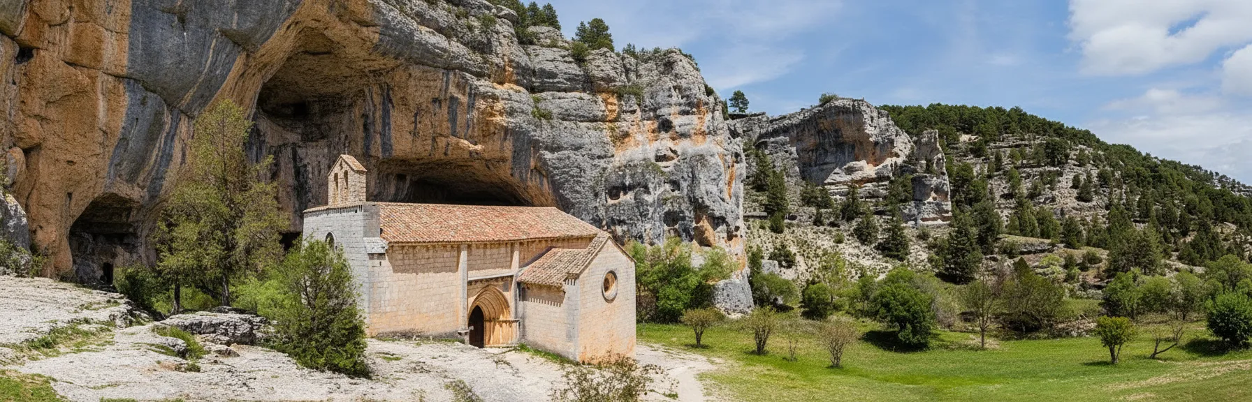 Ermita de San Bartolomé carved into the rock face of the Cañón del Río Lobos, Soria, Spain