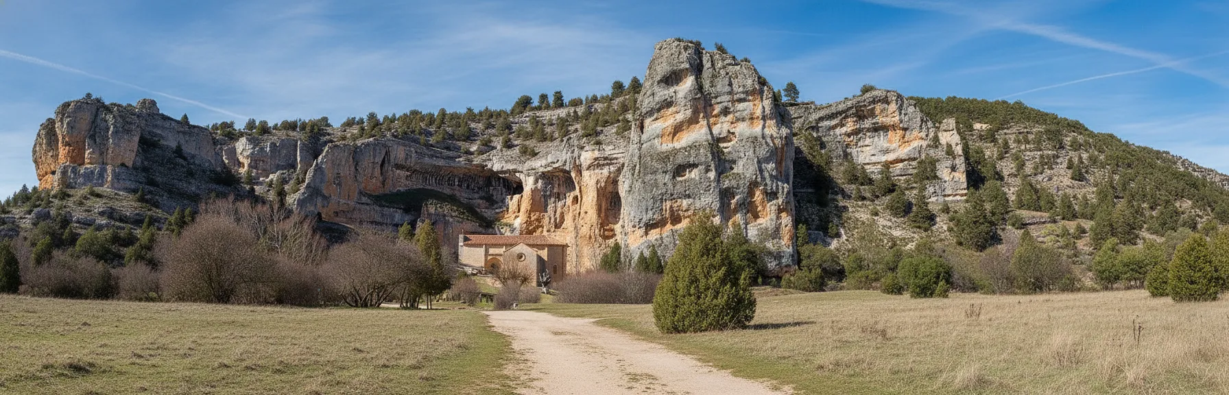 Interior of Ermita de San Bartolomé showing rock walls and simple altar, Templar hermitage, Soria