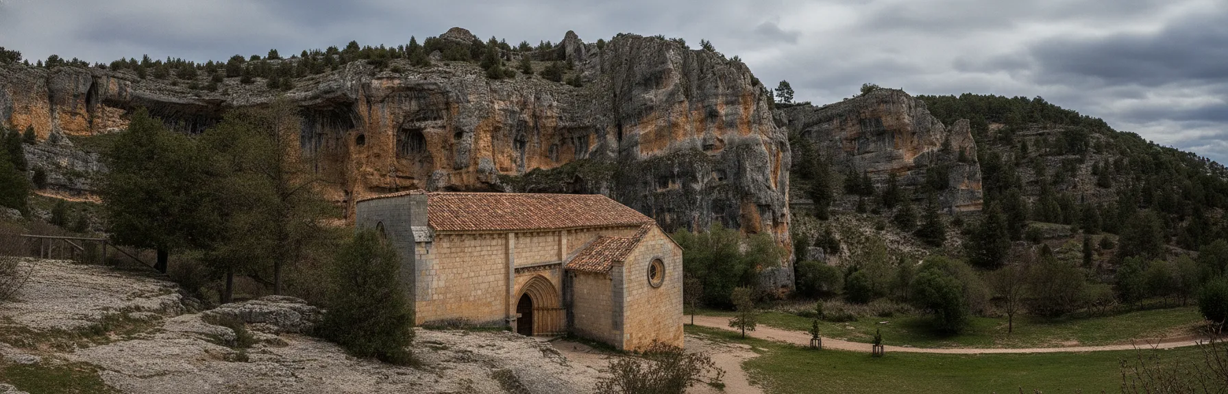 Panoramic view of the Cañón del Río Lobos with dramatic limestone cliffs and river, near Ermita de San Bartolomé