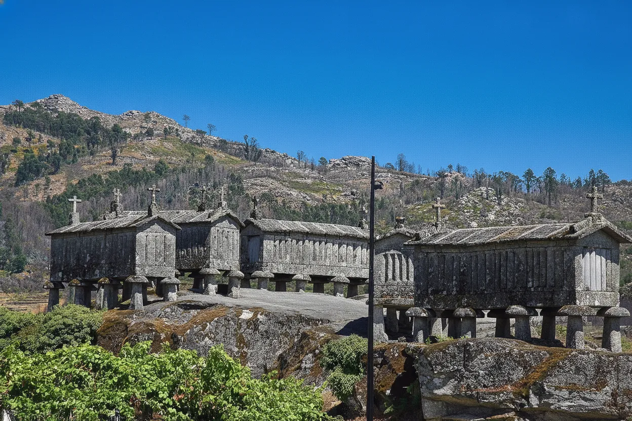 A wide shot of the Espigueiros de Soajo, showing multiple stone granaries clustered on a hillside with traditional granite houses in the background and mountains beyond.