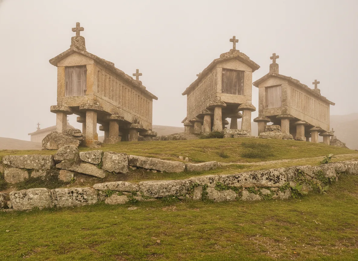 Close-up of a single Espigueiro de Soajo, highlighting its stone construction, raised stilts, ventilation slits, and the cross finial on top against a clear blue sky.