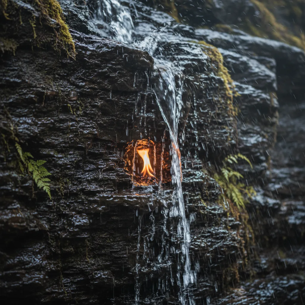 Close-up view of the eternal flame burning behind the cascading water at Eternal Flame Falls