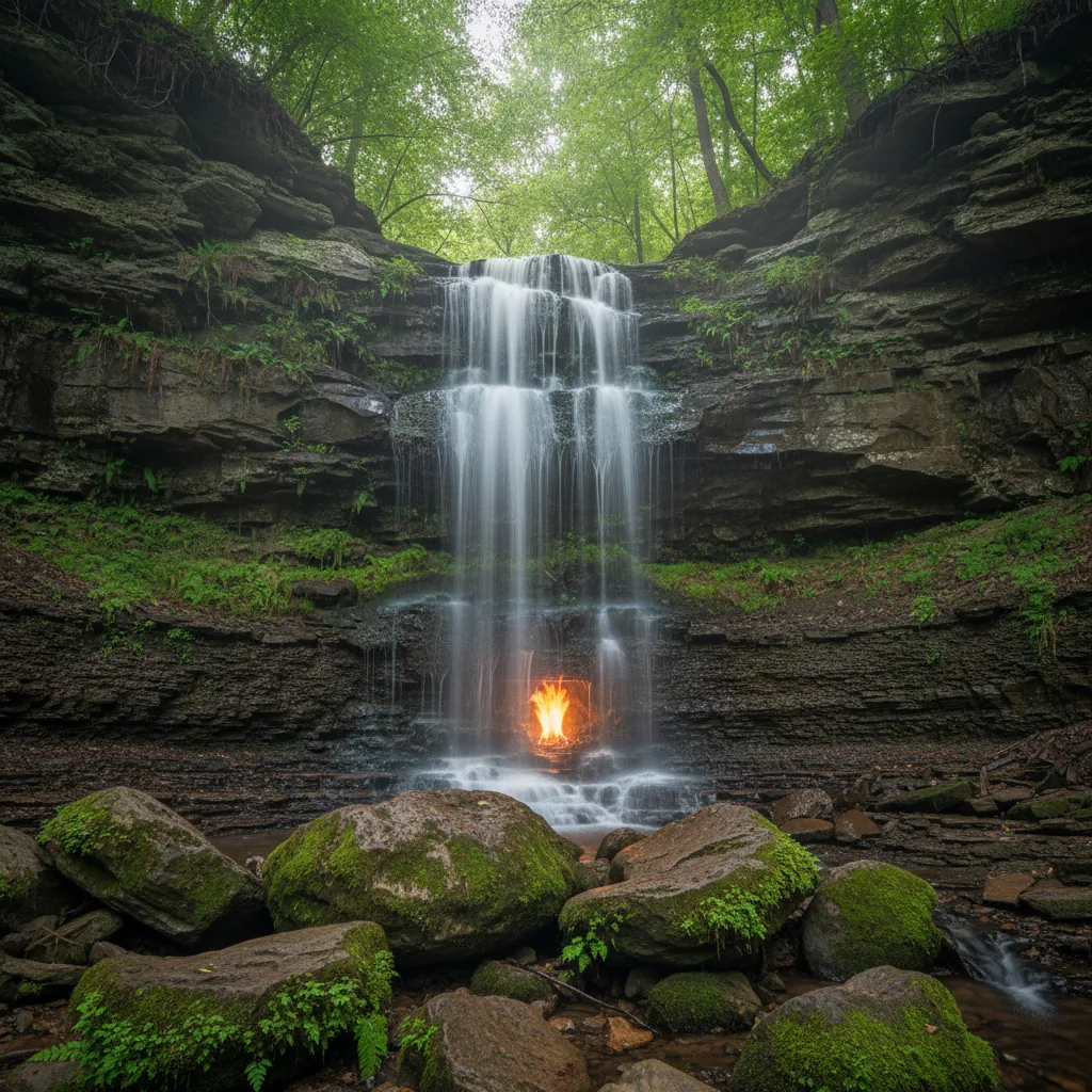 Hikers carefully approaching the Eternal Flame Falls grotto, with lush green foliage surrounding the creek