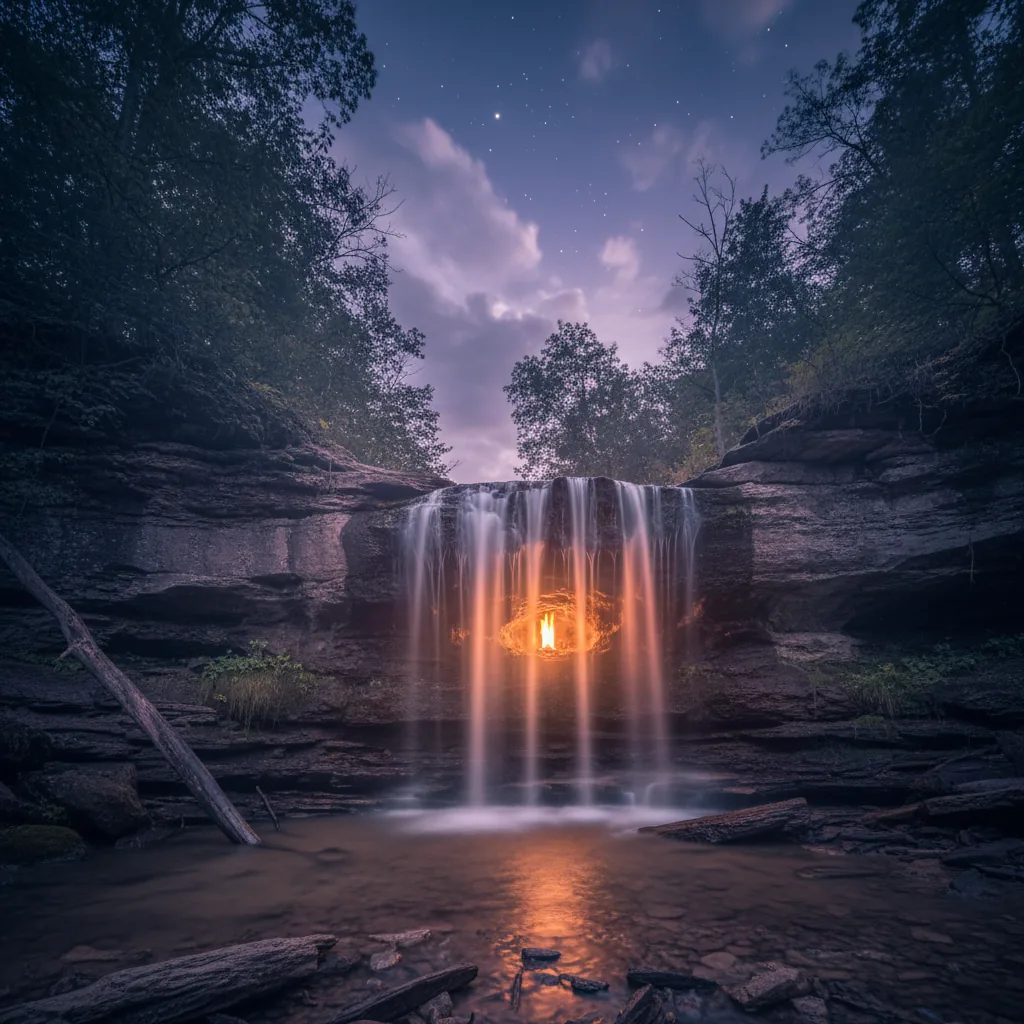 Panoramic view of Chestnut Ridge Park showing dense forest and winding creek leading to the Eternal Flame Falls area