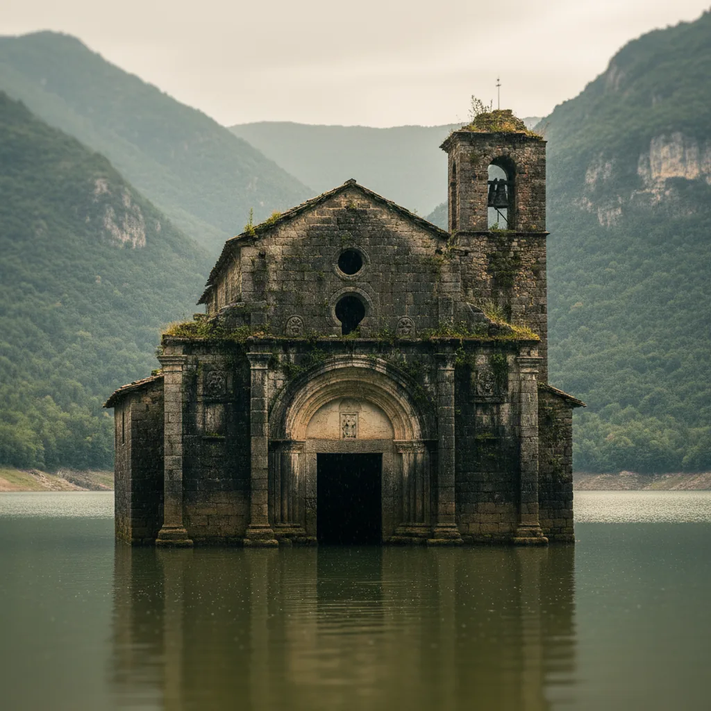 Overview of the submerged Fabbriche di Careggine village reappearing from Lake Vagli, showing stone houses and a church