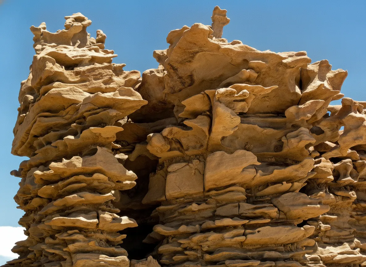 Close-up of a delicate, intricately eroded sandstone formation in Fantasy Canyon resembling a tiny castle or creature.