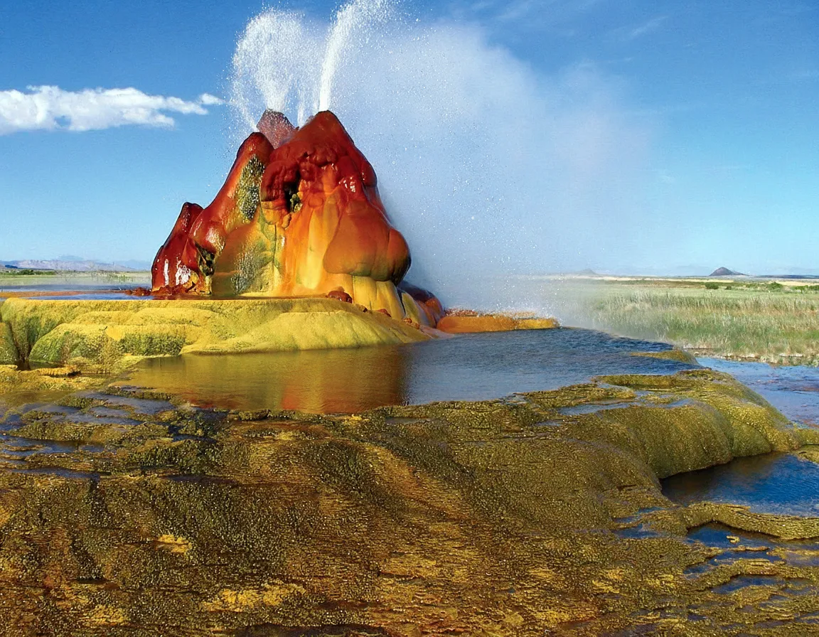 Vibrant, multi-colored mounds of Fly Geyser spewing hot water against a clear blue sky in the Nevada desert.