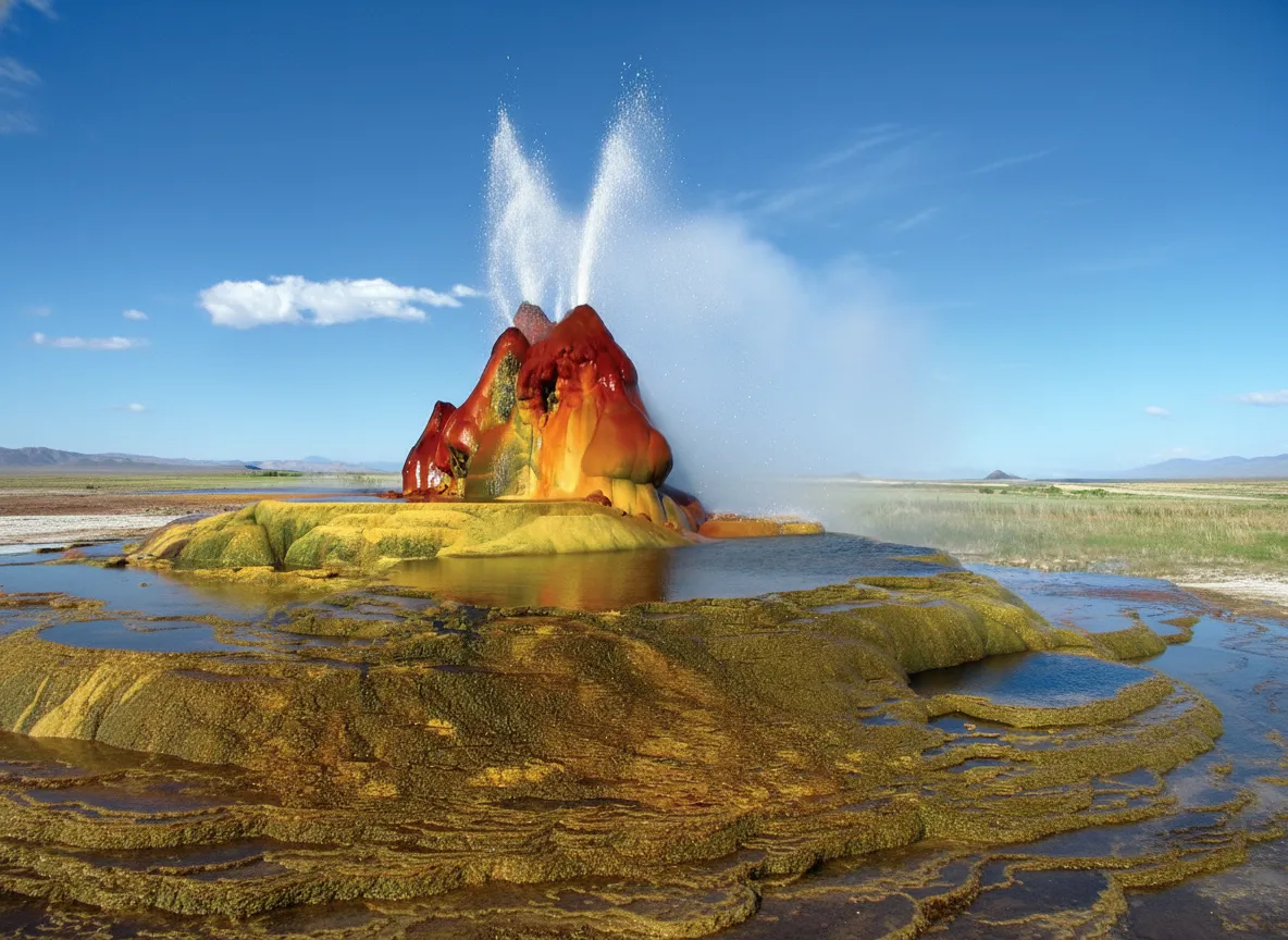 Close-up of the vibrant red and green mineral deposits of Fly Geyser, showing the intricate textures and flowing water.