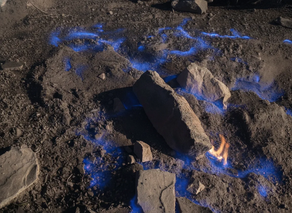 Small flames flickering on the ground at Focul Viu in Romania, surrounded by dry earth and sparse vegetation.