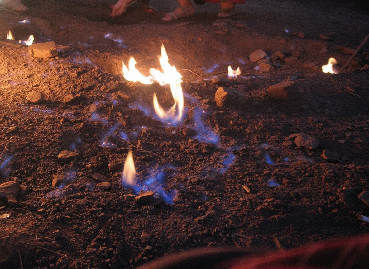 A close-up of the Focul Viu flames, showing multiple small fires burning steadily on reddish-brown earth.