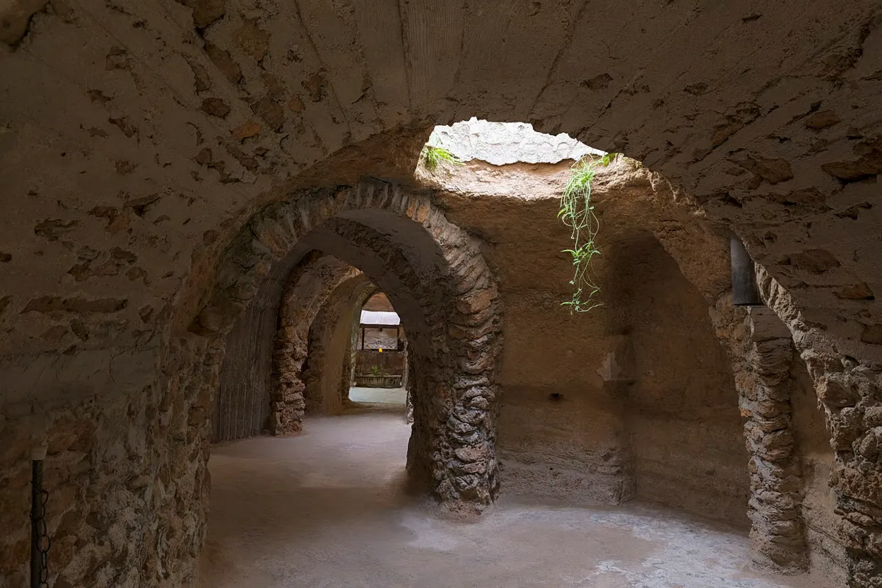 A view inside Forestiere Underground Gardens showing a subterranean courtyard with a fruit tree reaching for sunlight through an opening above.