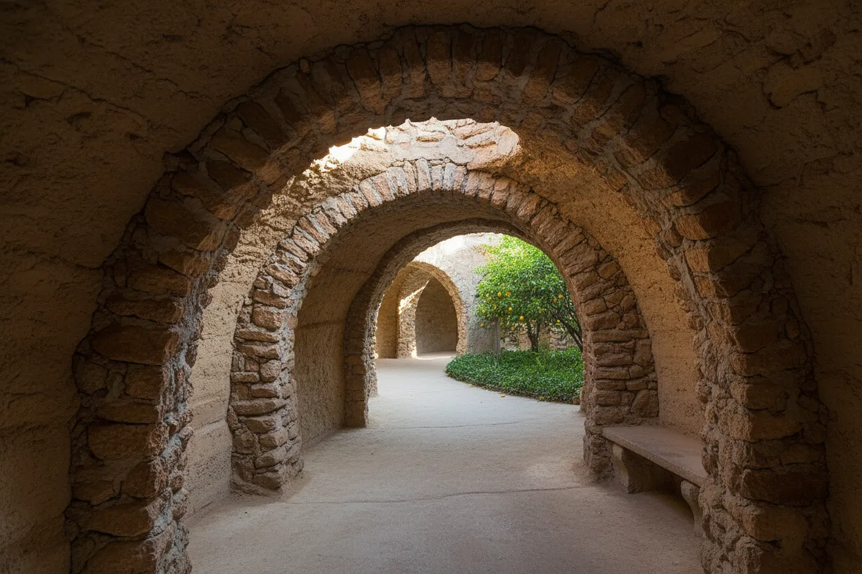A close-up of a citrus tree growing underground in Forestiere Underground Gardens, with sun shining down from an open skylight.