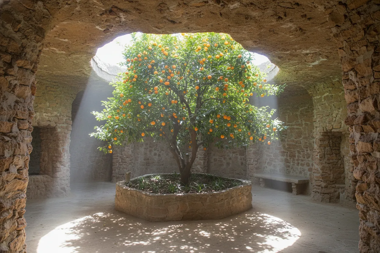 A long, hand-dug underground tunnel at Forestiere Underground Gardens, showing the rough texture of the walls and a distant light source.