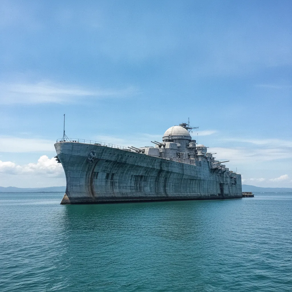 Aerial view of Fort Drum, 'The Concrete Battleship', resembling a warship in Manila Bay.