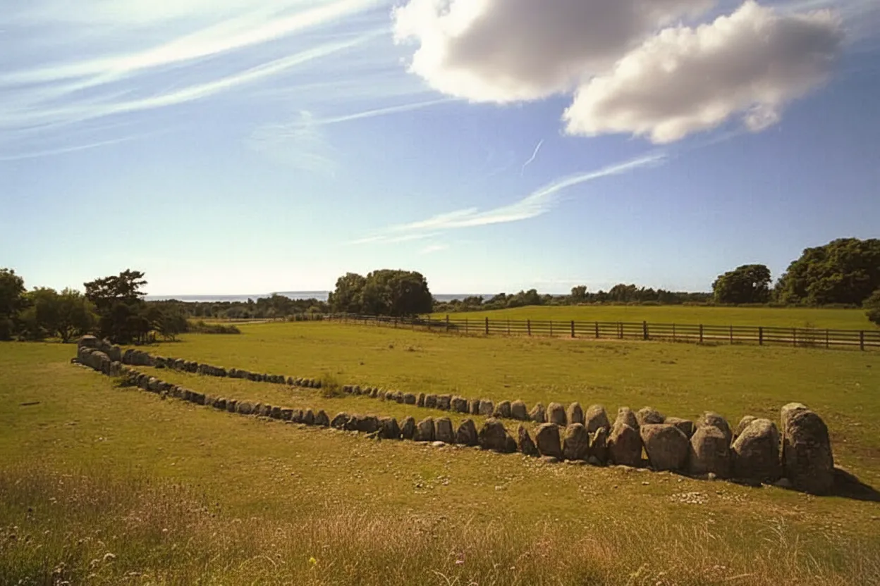 Across a windswept Swedish field, ancient stones are arranged in the unmistakable silhouette of a massive ship, forever sailing on land.