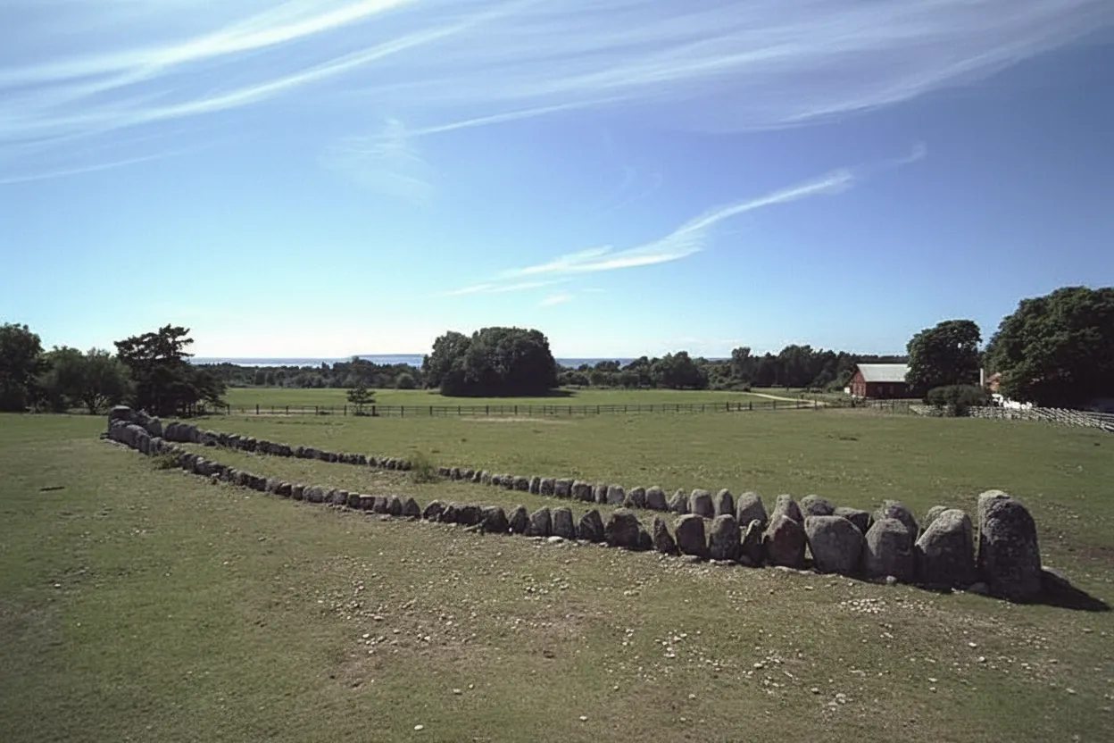 Wide shot of Gannarve Skeppssättning, a large stone ship formation in a green field under a vast sky.