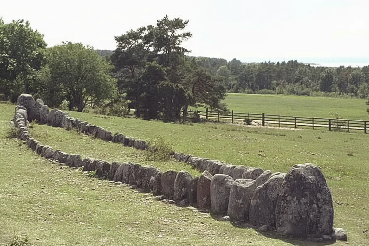 Close-up of the large, weathered boulders forming the hull of the Gannarve stone ship, showing their texture and placement.