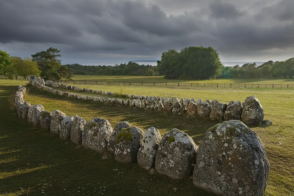 A person standing near the Gannarve Skeppssättning, looking out over the field towards the horizon, emphasizing the scale and contemplative atmosphere.