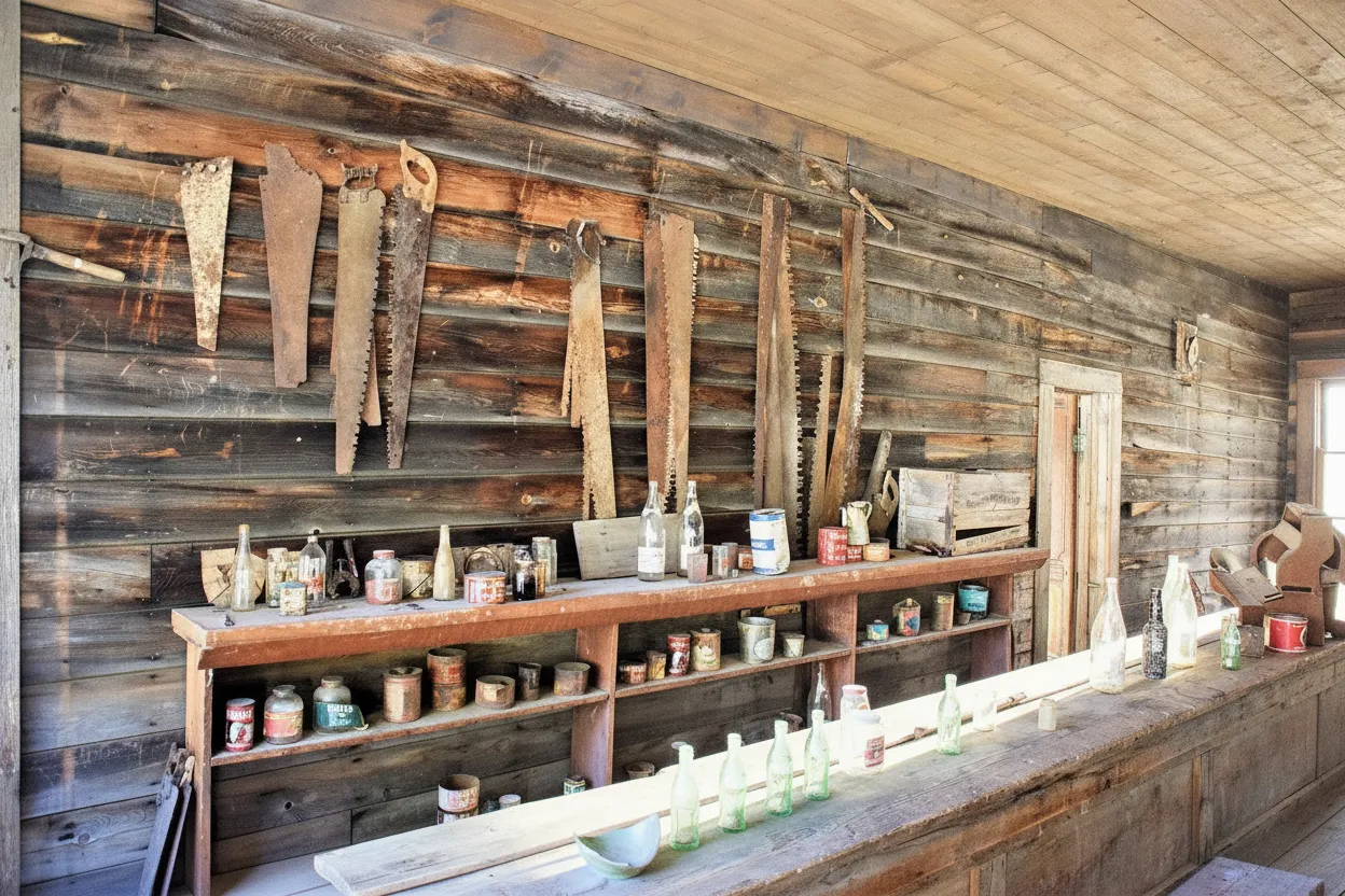 Historic wooden saloon building with a weathered sign in Garnet Ghost Town, Montana, surrounded by pine trees.