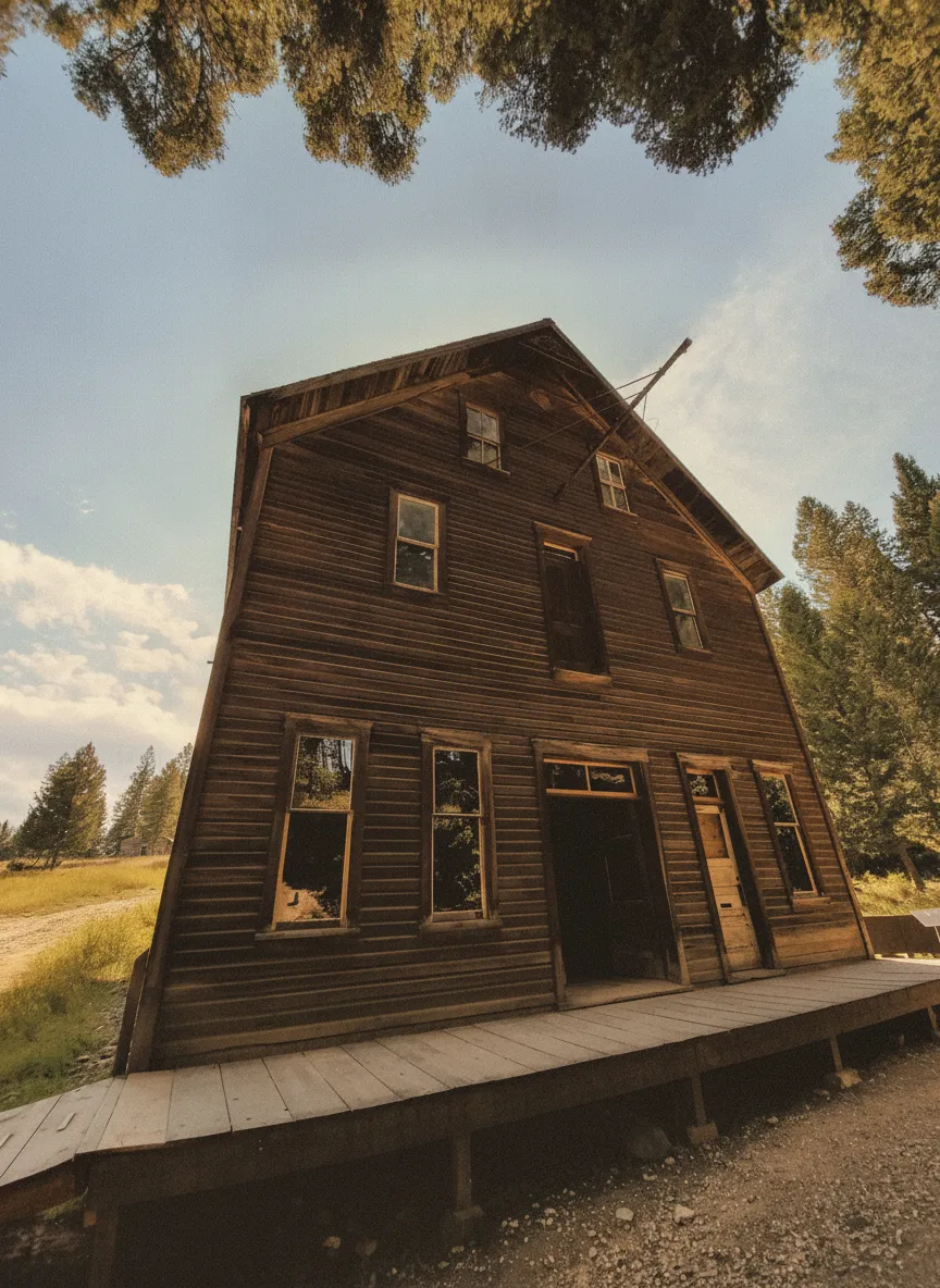 Interior view of a preserved miner's cabin in Garnet Ghost Town, showing an antique bed, stove, and various household items.