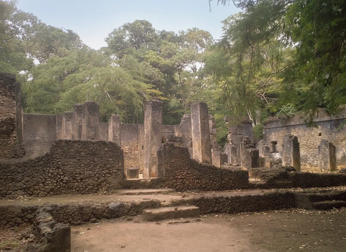 Ancient stone walls of Gede Ruins embraced by lush green jungle vegetation and tree roots.