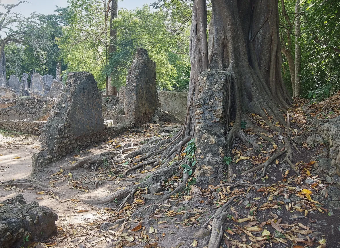 A large ancient baobab tree growing within the ruins of a stone building at Gede Ruins, Kenya.