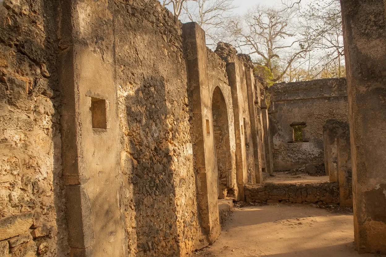 A local guide pointing out features of ancient Swahili architecture to visitors at Gede Ruins.