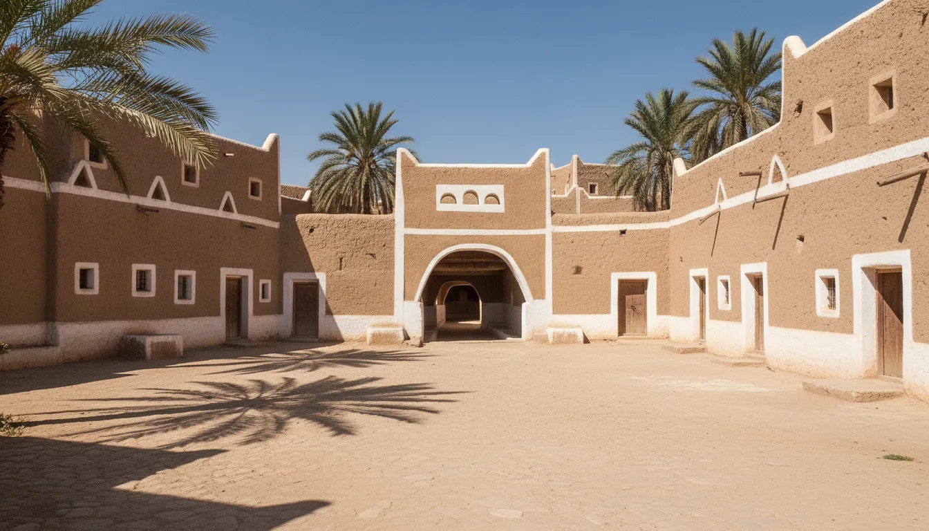 A view inside a covered alleyway in Ghadames Old Town, showing ancient mud-brick walls and filtered light from above.