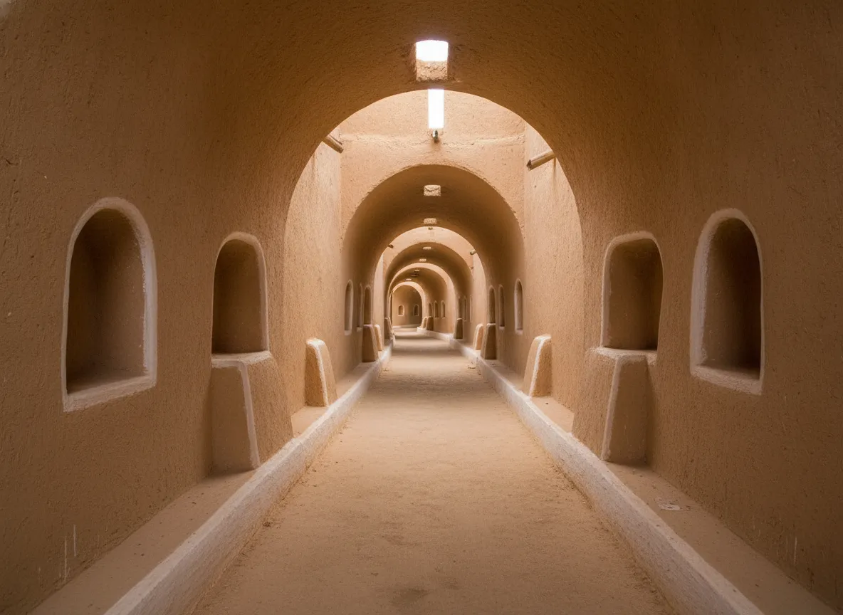 A panoramic view of the mud-brick rooftops of Ghadames Old Town under a clear desert sky.