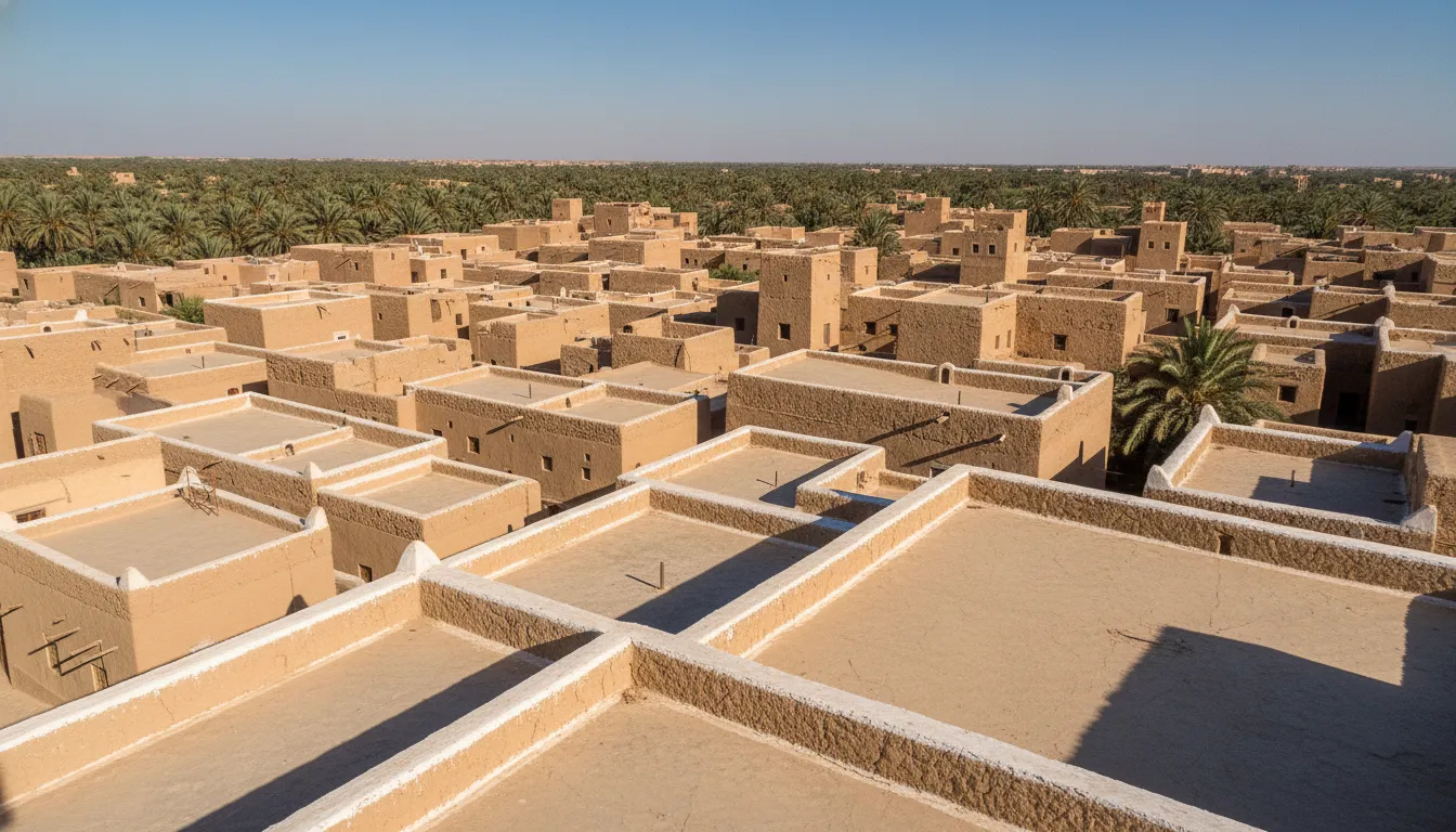 A local guide standing in a shaded alleyway of Ghadames Old Town, pointing to an architectural detail.