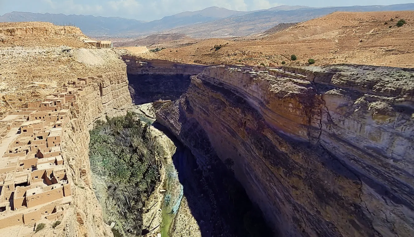 Panoramic view of Ghoufi Canyon, showing multi-tiered Berber villages carved into the ochre cliff faces and green agricultural terraces along the canyon floor.