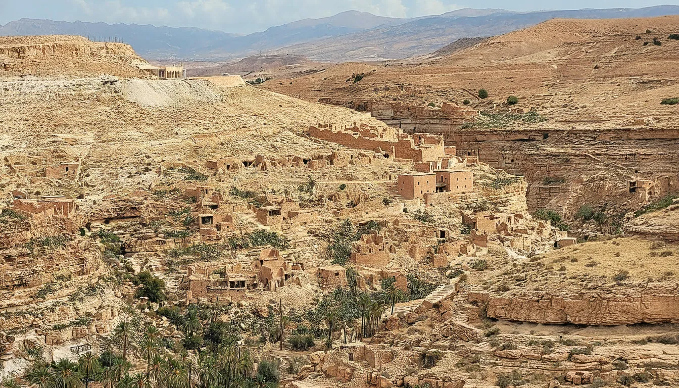 Close-up view of one of the multi-tiered Berber villages (balcons) in Ghoufi Canyon, showing traditional stone and mud-brick homes integrated into the cliff face.