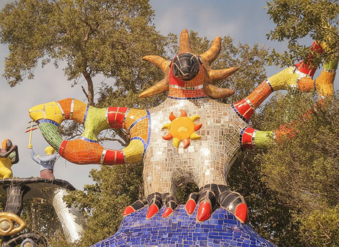 A close-up of The Empress sculpture in Giardino dei Tarocchi, showing intricate mosaic details of mirrors and ceramics shimmering under the sun.