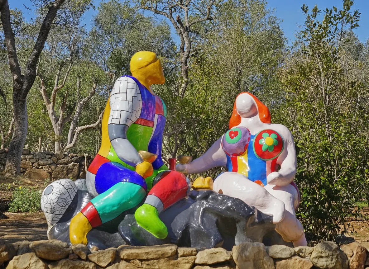 A panoramic view of the Giardino dei Tarocchi showing multiple colorful, mosaic-covered sculptures amidst the green Tuscan landscape under a blue sky.