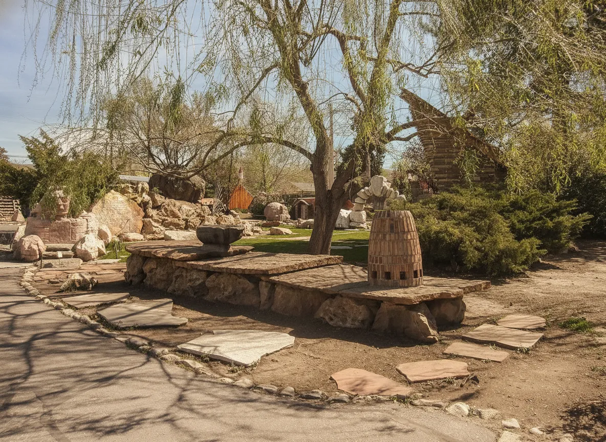 Overhead view of Gilgal Garden showing multiple stone sculptures and monoliths nestled among trees and shrubs.